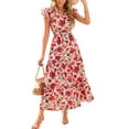 thumbnail image 1 of Vestido midi PRETTYGARDEN 2025 con estampado floral con cuello en V y volantes para mujer, 1 of 9
