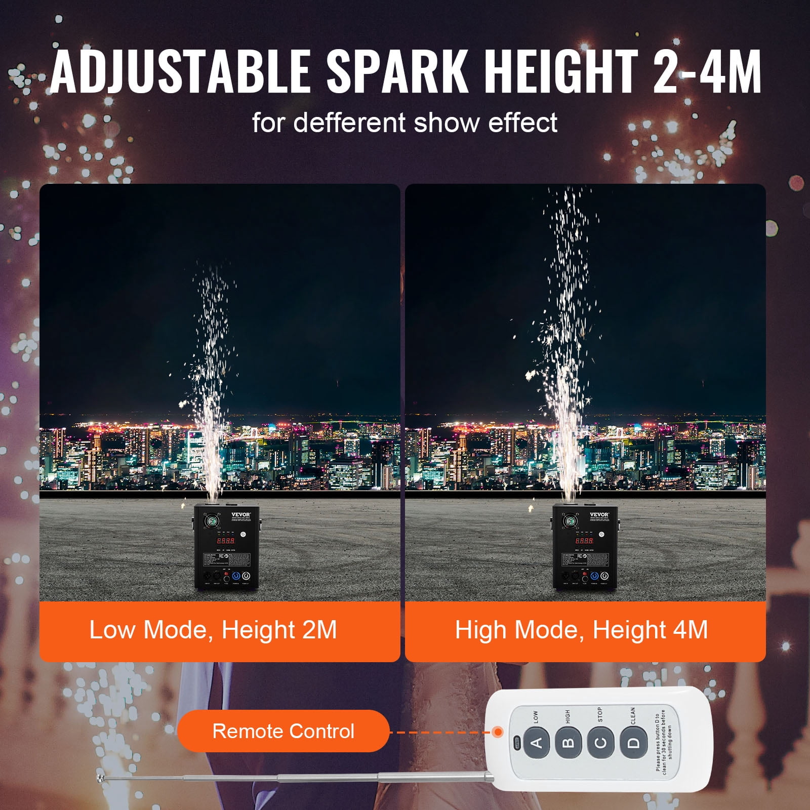 VEVOR Cold Spark Machine, 500W Output Fireworks Controller, 6.6-13ft Adjustable Height,with Advanced DMX System,LED Screen,Portable Handle,HeavyDuty Aluminum Alloy for Stage DJ Wedding Event,Party