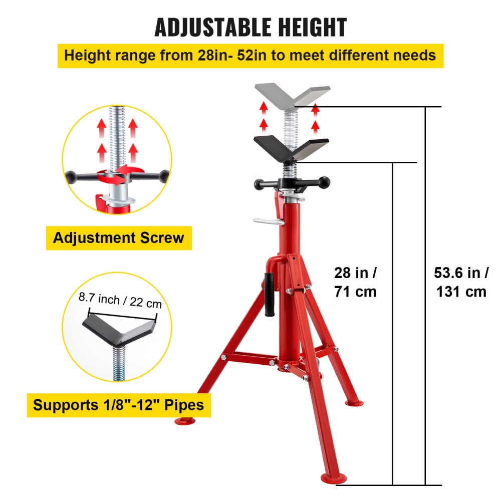 V Head Pipe Stand 1/8"-12" Capacity,Adjustable Height 28"-52,Pipe Jack Stands 2500 lb. Load Capacity,Portable Folding Pipe Stands, Carbon Steel Body More Durable