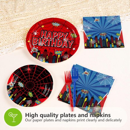 YUYAN-96Pcs Cartoon Spider Birthday Party Decorations Red Blue Spider Birthday Plates and Napkins Disposable Hero Paper Tableware Set for Kids Baby Shower Super Theme Party Supplies Serves 24