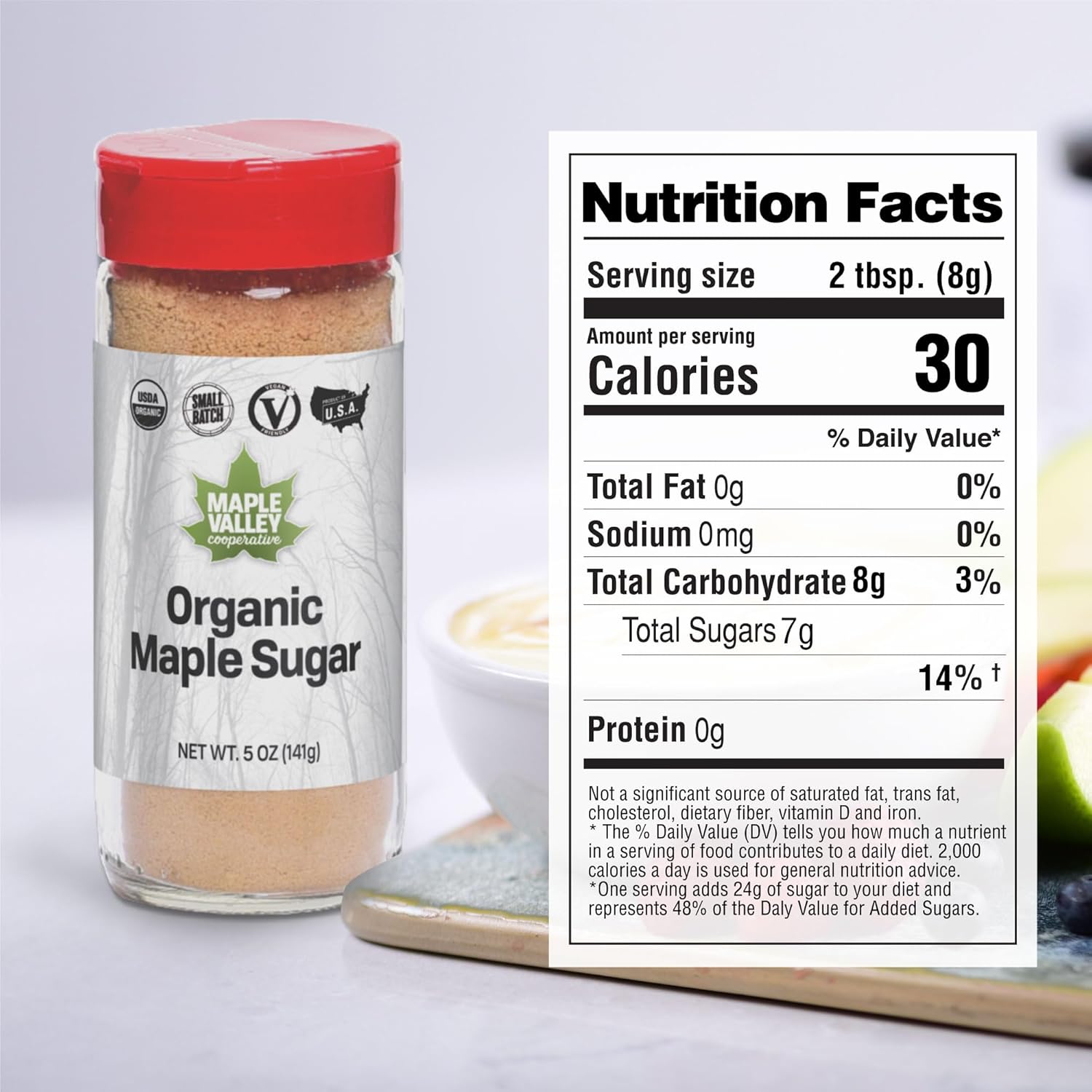 Maple Valley Organic Pure Maple Sugar Granulated, Natural Sugar Alternative, Good in Coffee, Baking, Cooking, Made in USA, 5oz Shaker