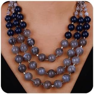 3-layered Chunky Crystal Beaded Necklace with Earrings Set Braided Round Balls Statement Necklace for Women Accessories (Grey)