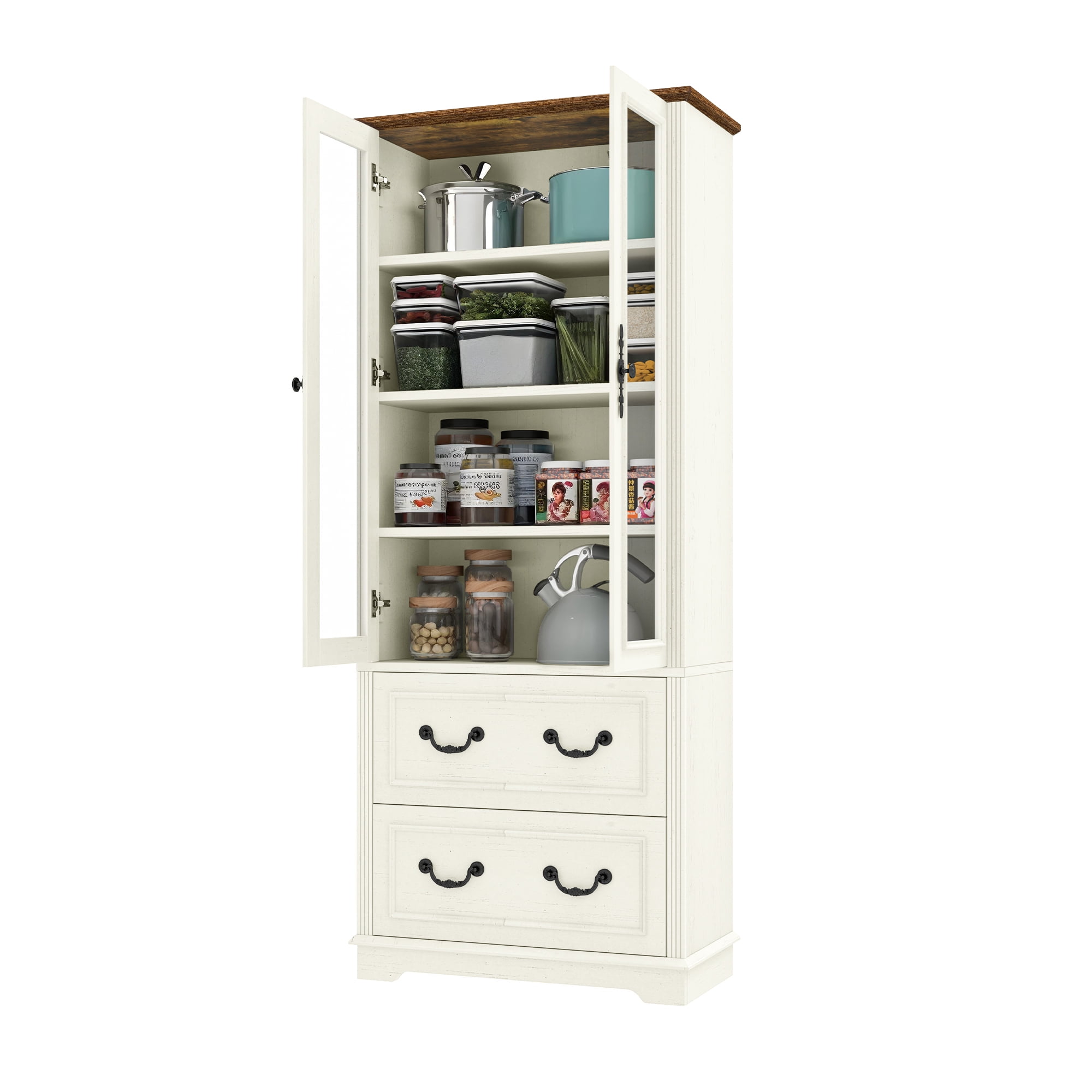 Uforic 76'' Kitchen Pantry Cabinet with 2 Drawers, Tall Storage Cabinet with Glass Doors & Adjustable Shelves, Beige