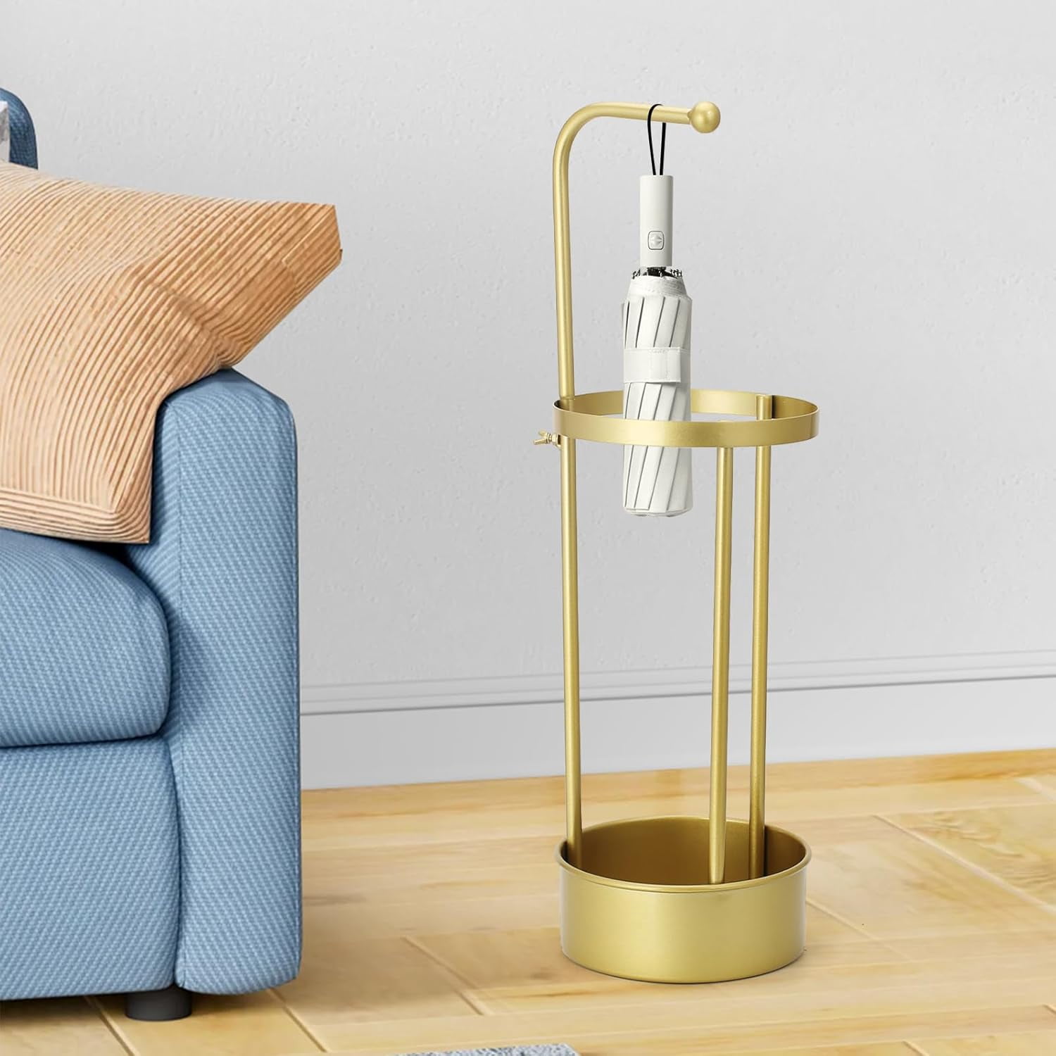 Golden Rust Proof Umbrella Holder, Entrance Drain Umbrella Bucket, Steel Circular Umbrella Holder, Umbrella Storage Rack, Suitable for use in Homes, Offices, Hotel Lobbies （Gold）