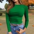 thumbnail image 6 of Mohiass Womens Long Sleeve Stretch Crewneck Ribbed T-Shirt Fitted Casual Basic Tops Green M, 6 of 8