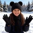 thumbnail image 4 of Mooqilaa Girls Pom Pom Beanie Hats, Scarves & Gloves Sets, 3 Piece Knitted Thermal Winter Cold Weather Accessories Black Size 3-12 T, 4 of 5