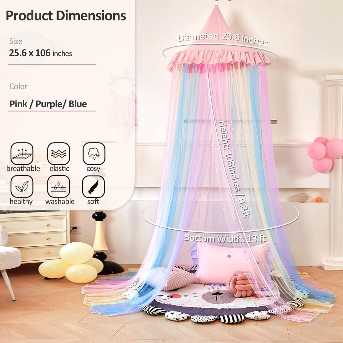 Rainbow Bed Canopy for Girls Dreamy Mosquito Net for Bed Round Dome Princess Bed Canopy Girl Room Play Tent Kids Canopy Bed Netting Curtains (Single Layer- Pink)