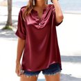 thumbnail image 2 of Olyvenn Henley Shirts Women's Short Sleeve Satin Blouses Roll Up Sleeve Notch V Neck Silk Shirts Tunic Tops Loose Loungewear Wine XXL, 2 of 5