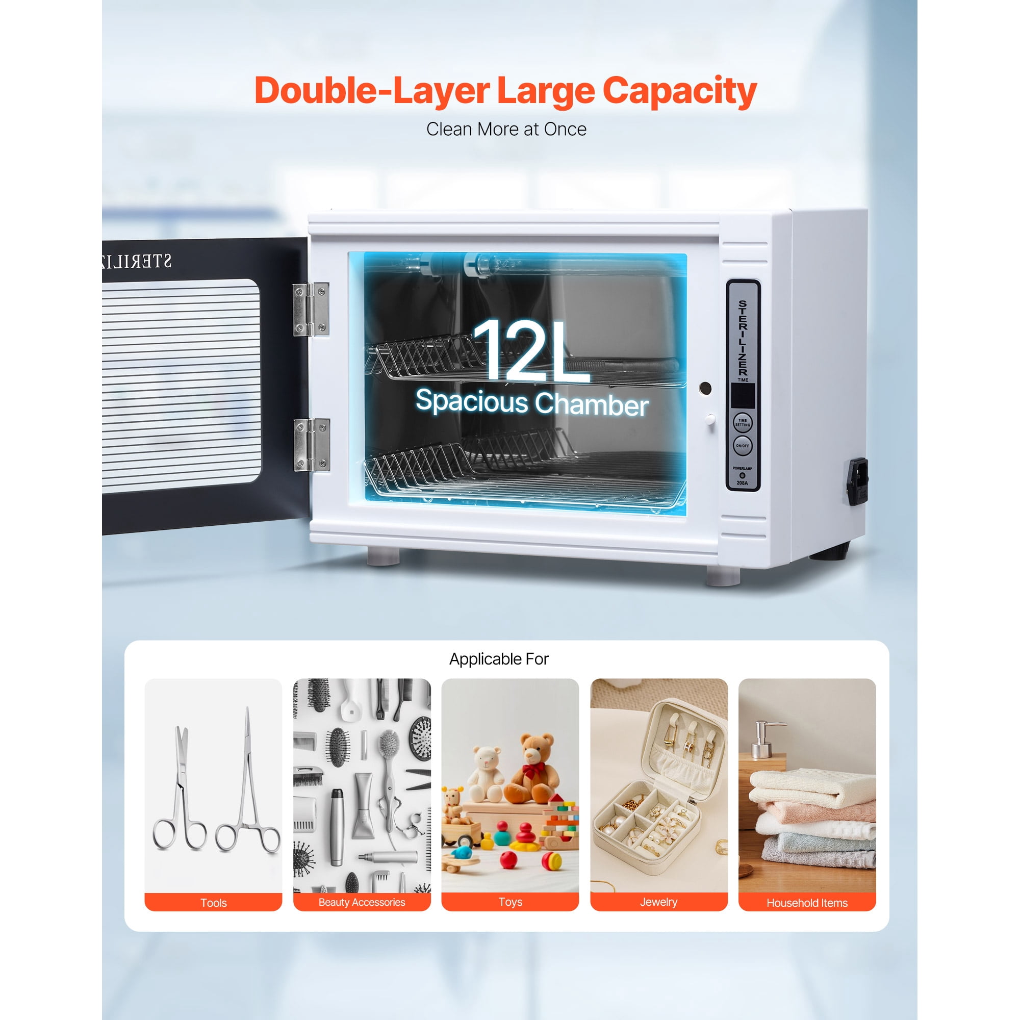 KFFKFF 12L Nail Tool Cleaning Machine with Timer, Tool Cabinet Cleaner Box Featuring Tempered Glass Door and 185nm Wavelength, Suitable for Labs, Homes, Nail Salons, Hair Studios, and Beauty Studios