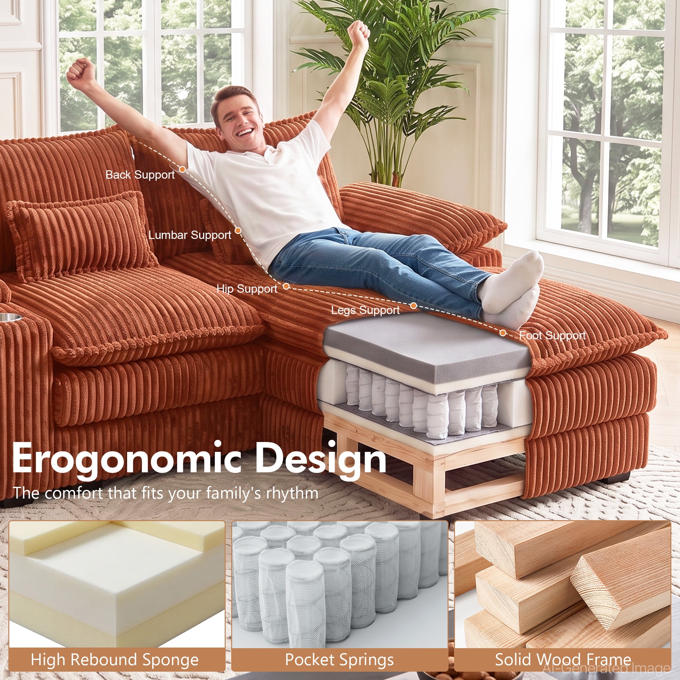 Aenkyo 125 Inch Chenille U-Shaped Sectional Sofa with Console and USB Ports, Orange