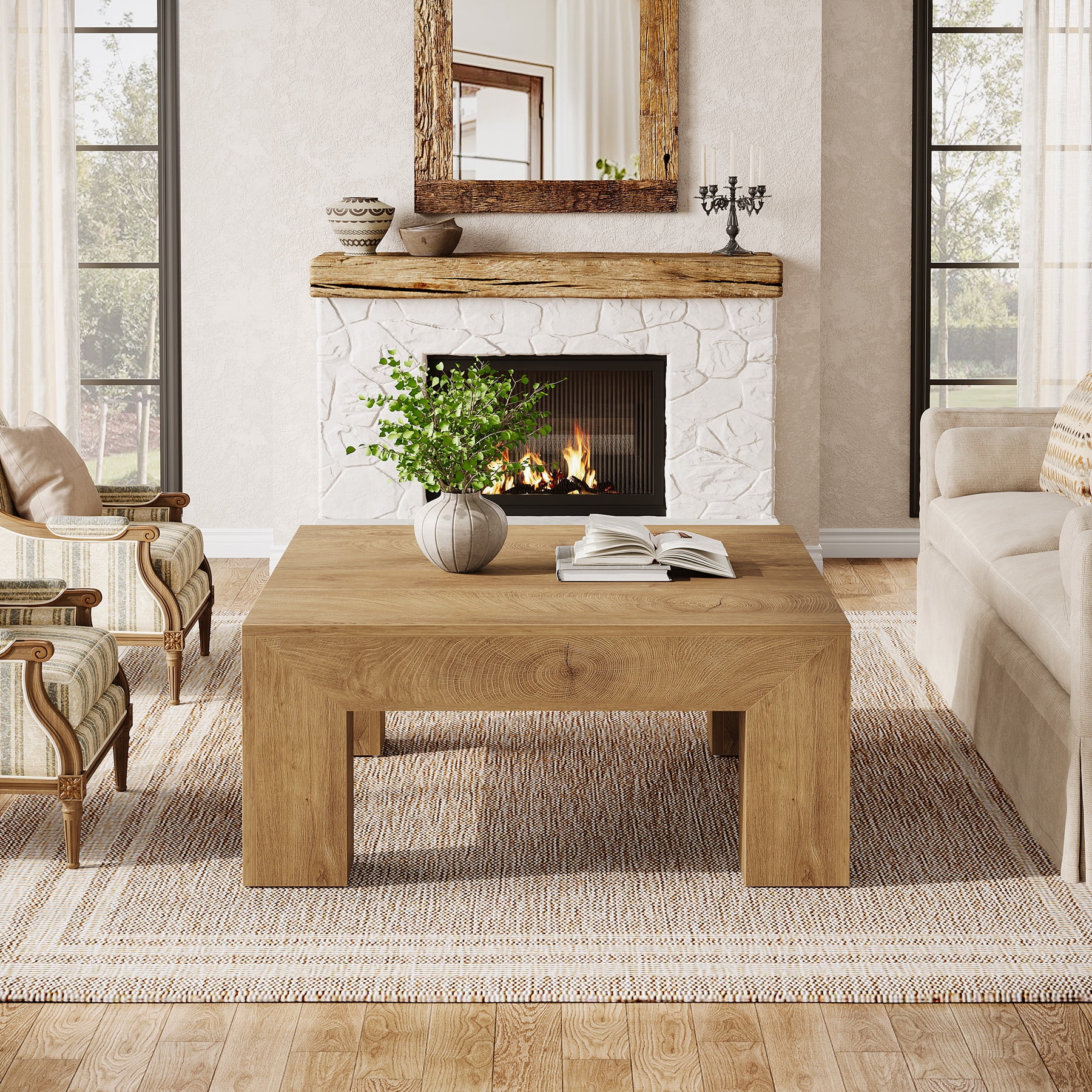 Tribesigns 39.37" Low Square Coffee Table, Farmhouse Large Tea Accent Table Center Table for Living Room(Natural)