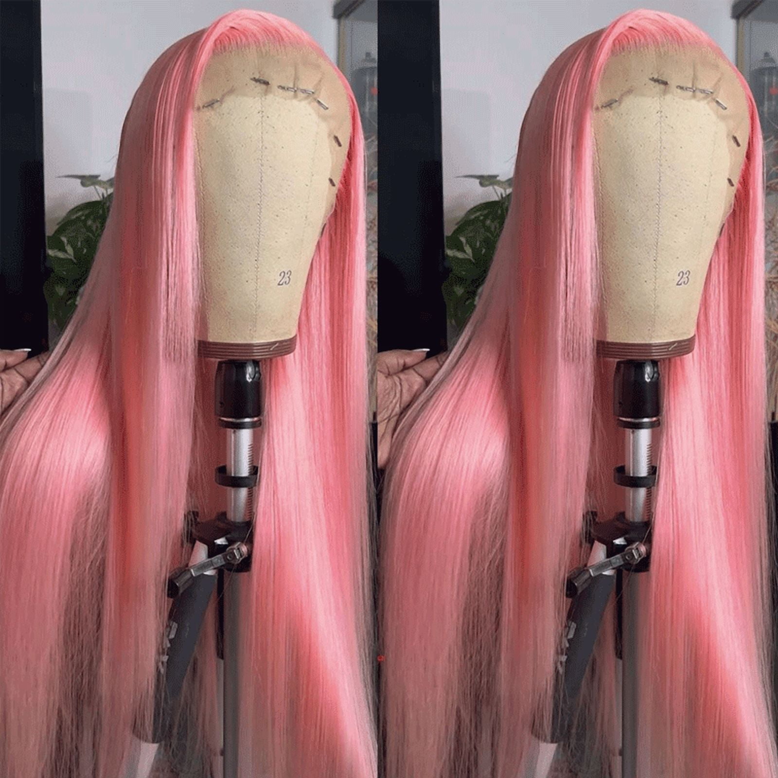Rose Pink Colored 13x4 Lace Front Wig Straight Brazilian Remy Human Hair Wigs Preplucked Natural Hairline High Density Elegant Hairstyle For Women Daily&Birthday&Wedding Use Wig 180 Density 22 Inch