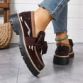 thumbnail image 4 of Platform Loafers for Women Casual Satin Bow Round Toe Lug Sole Leather Comfortable Slip on Dress Shoes Coffee Size 9, 4 of 7
