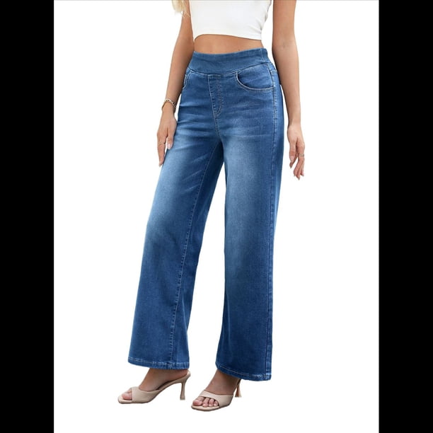 Pantalones Vaqueros Anchos de Talla Grande para Mujer, Cintura Alta, Adelgazantes, con Múltiples Bolsillos, Rectos, Holgados e Informales. Azul Oscuro Medio L