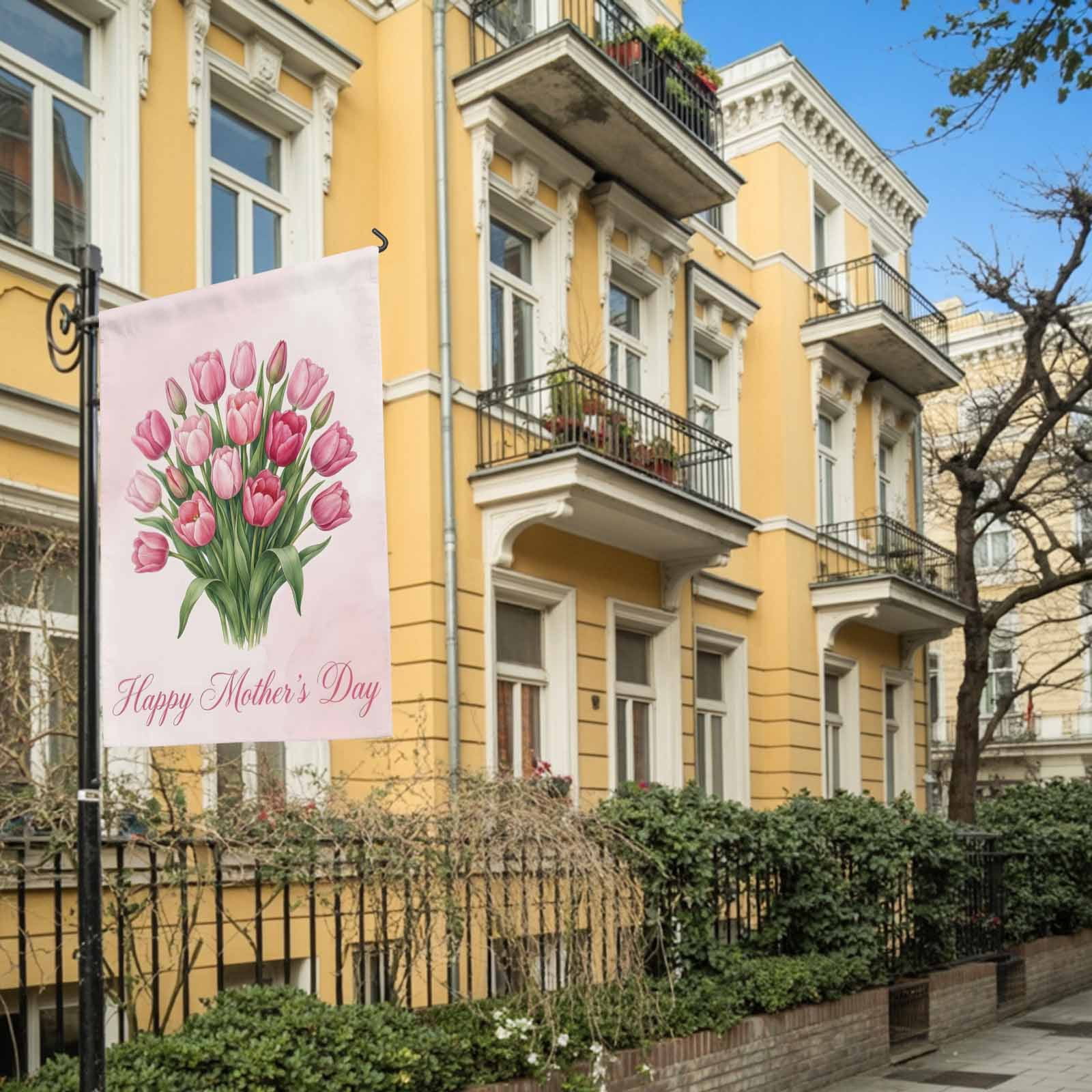 Mother's Day House Flag 28 x 40 Inches, Pink Tulips Watercolor Flower Weather Proof Outdoor Patio Flags Double Sided Small House Decoration for Yard Lawn Outside Home