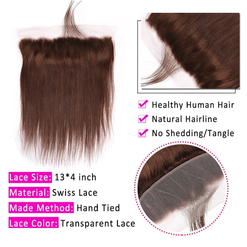 Straight Bundles with Frontal 18-30 Inch Brazilian Human Hair 3 Bundles with 13x4 Lace Frontal #4 Brown Straight Remy Hair Extensions