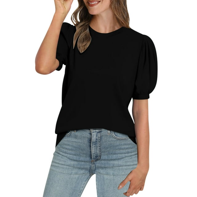 Dealovy Hauts Décontractés Habillés pour Femmes T-Shirts à Col Rond Manches Courtes Bouffantes T-Shirts Basiques Décontractés