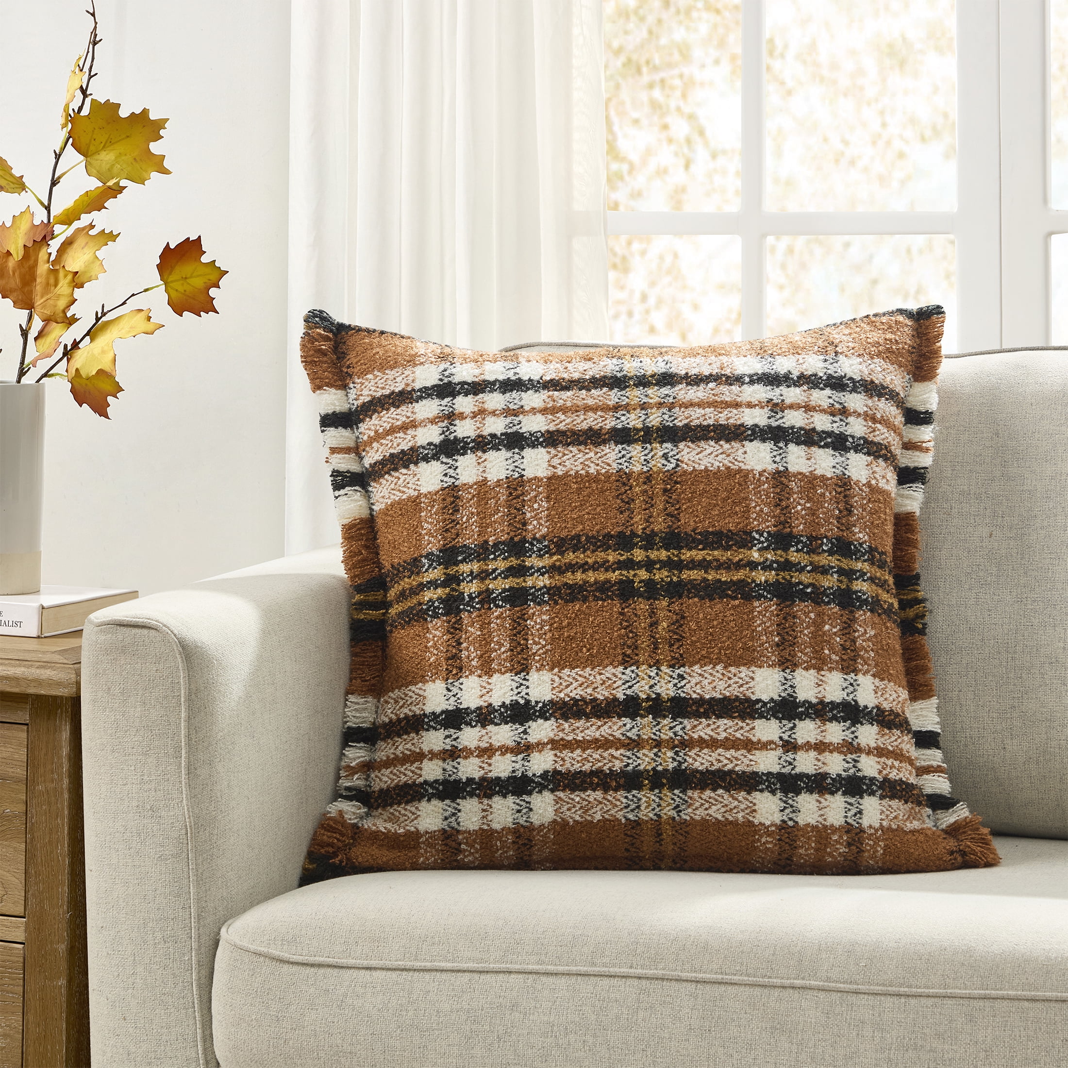 My Texas House 20" x 20" Ginger Woven Plaid Fringe Decorative Pillow Cover