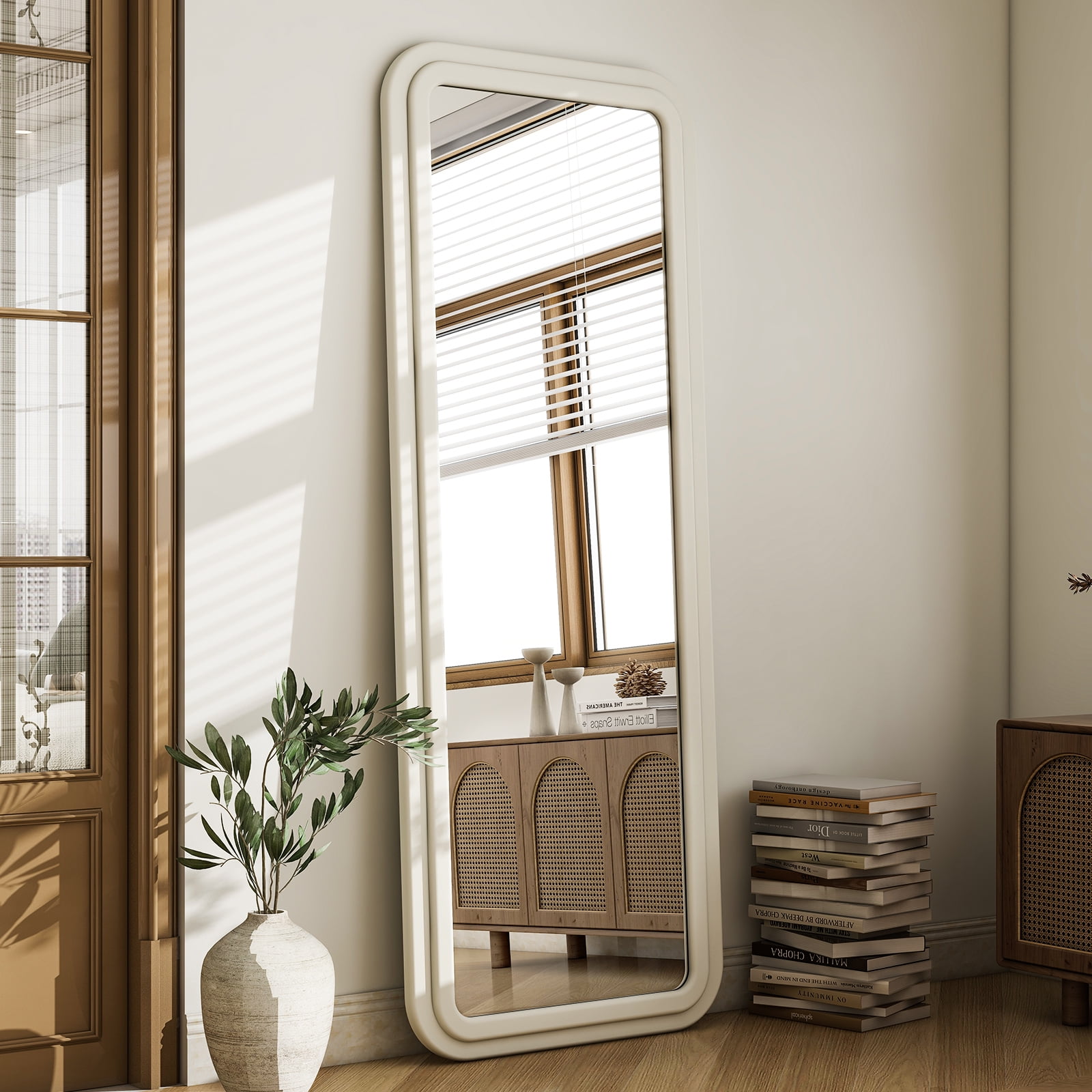 Easy4Home 63"x24" Rectangular Full Length Mirror with Flannel Frame Decorative Round Edge Floor Mirror, White