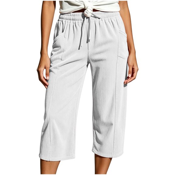 Tsesme Corduroy Capris for Women Drawstring Elastic Waist Cropped Trousers with Pockets Fall Loose Fits Comfy Bottom Daily Wear
