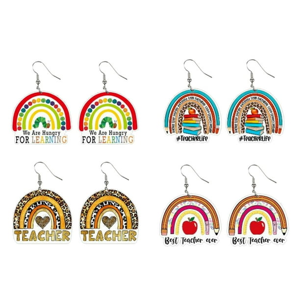 Earrings Teacher Women Dangle Rainbow S Appreciation Ear Jewelry Apple Day Dangling School