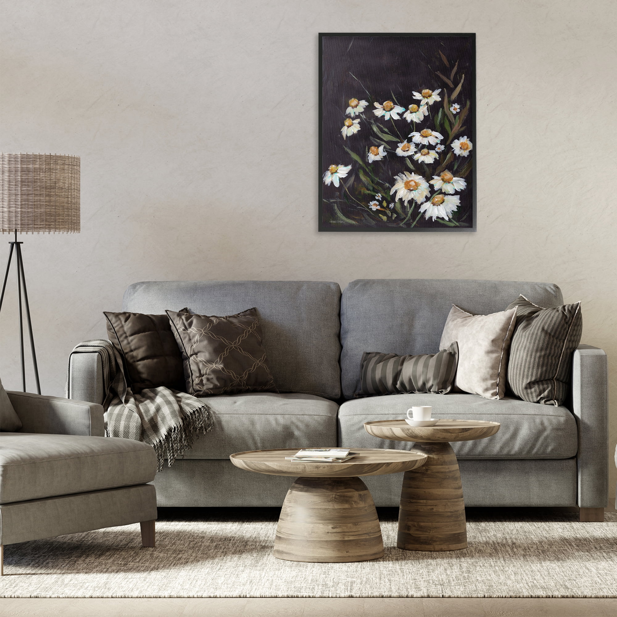 Stupell Industries Daisies on Black Botanical & Floral Painting Black Framed Art Print Wall Art, 24 x 30