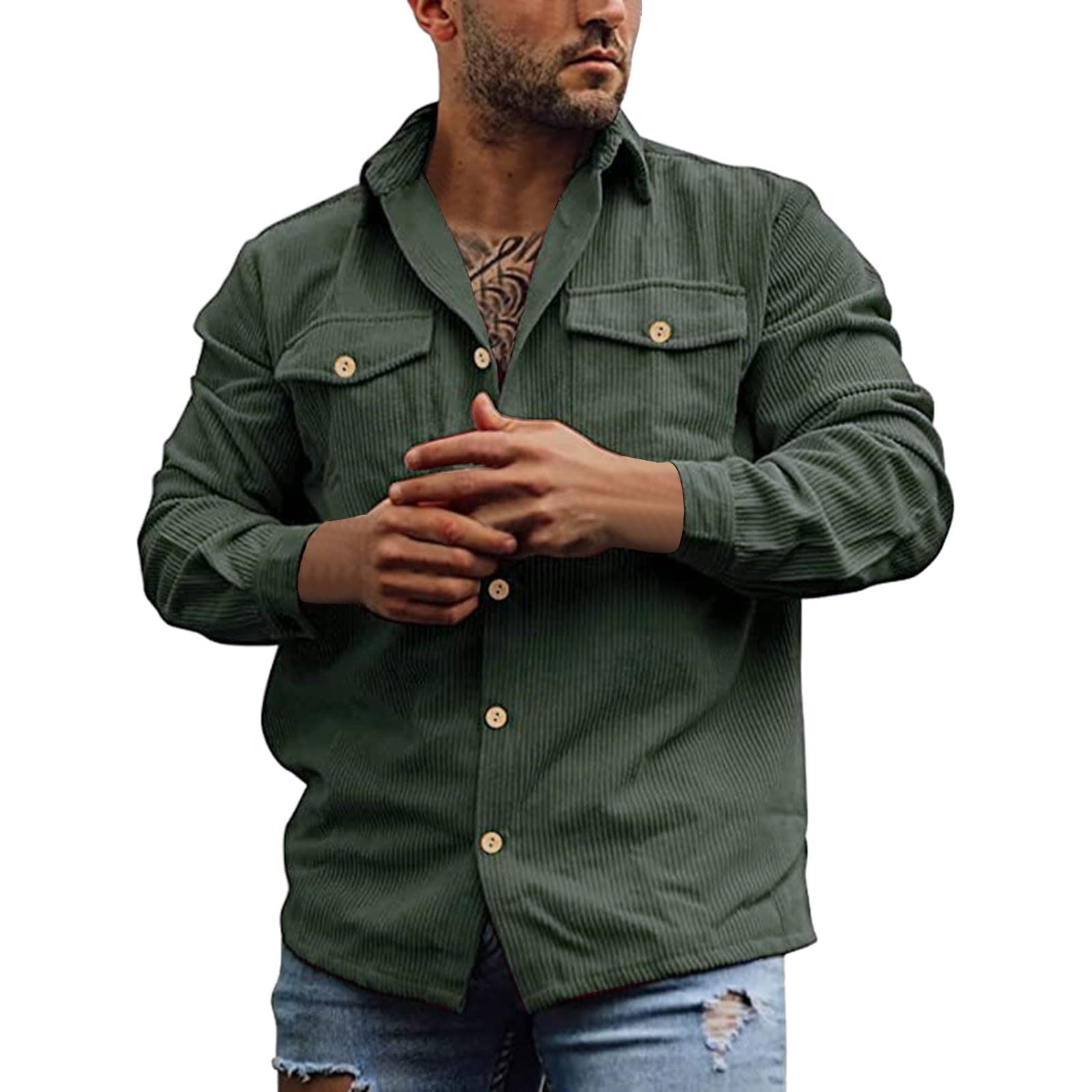 XZNGL Chemise a Manches Longues Hommes Travaillent Hommes Velours Cotele Veste a Manches Longues Raye Vintage Casual Double Poche Travail Top Chemise Chemise a Manches Longues Hommes Chemise de Travai...