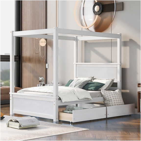 JERFIT Full Size Canopy Bed Frame with Storage Drawers, White Wood Platform Bed with Headboard Footboard, No Box Spring Needed, Modern Bedroom Furniture