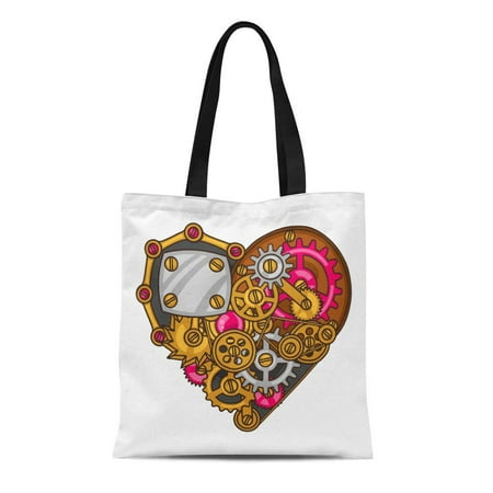 SIDONKU Canvas Tote Bag Bolt Steampunk Heart Collage of Metal Gears in Doodle Reusable Shoulder Grocery Shopping Bags Handbag