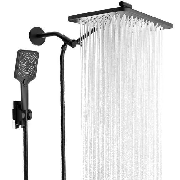 12 in Coverage High Pressure Rain Shower Head Combo with Adjustable Extension Arm - Wide Rainfall & 5 Modes Handheld Showerhead, Dual Anti-Clog Nozzles for Ultimate Shower Experience, Black