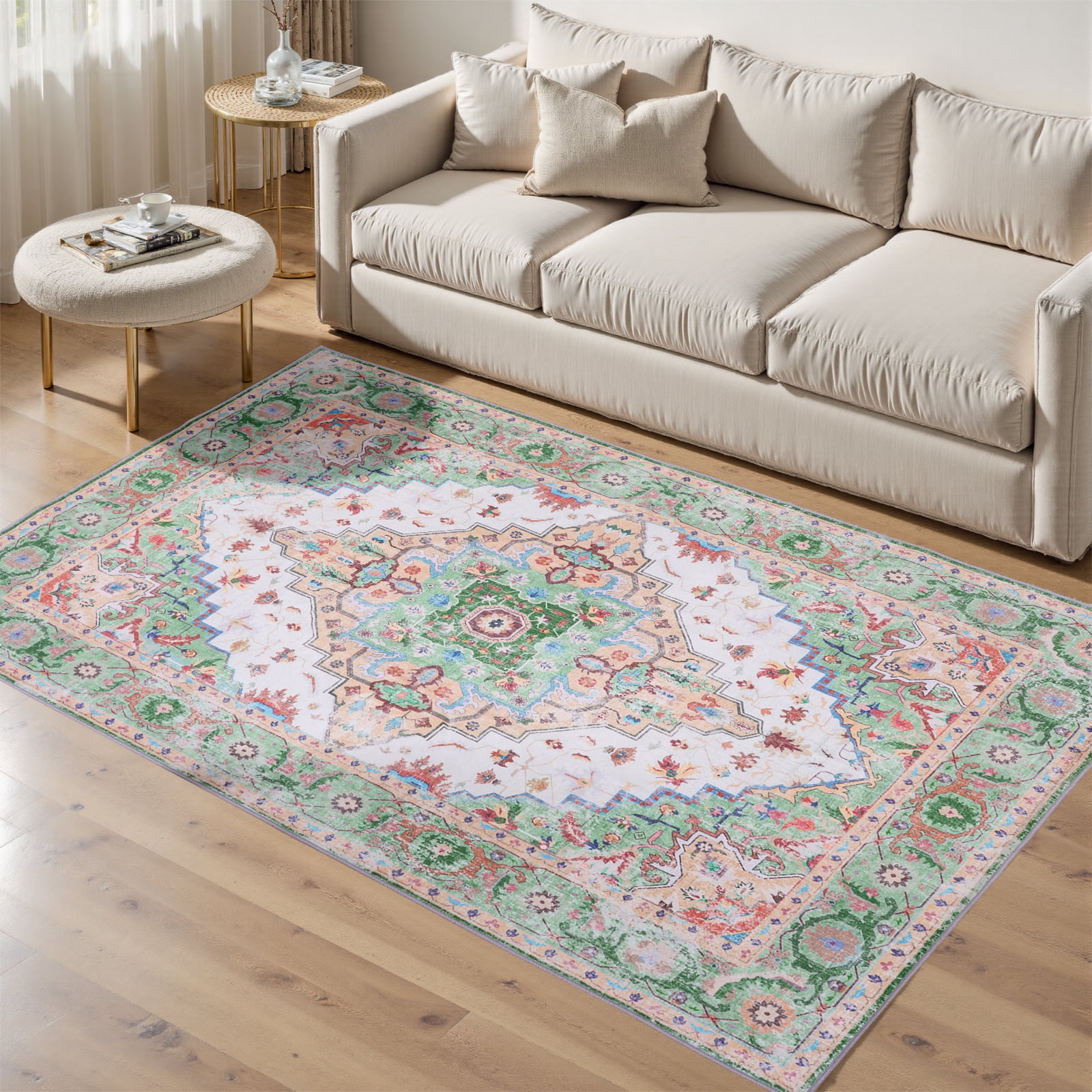 FANOTEK Vintage Area Rug for Bedroom Dining Room Living Room Indoor Rugs 6 x 9 ft Faux Wool Floor Mats Washable Kids & Pet-Friendly Carpet Green & Brown