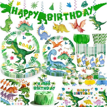 175pcs Dinosaur Birthday Decorations Include Dinosaur Plates and Napkins Set, Banner, Hanging, Tablecloth, Cake Topper, Table Decor, for Boy Birthday Decorations and Dinosaur Theme Party, Serves 25