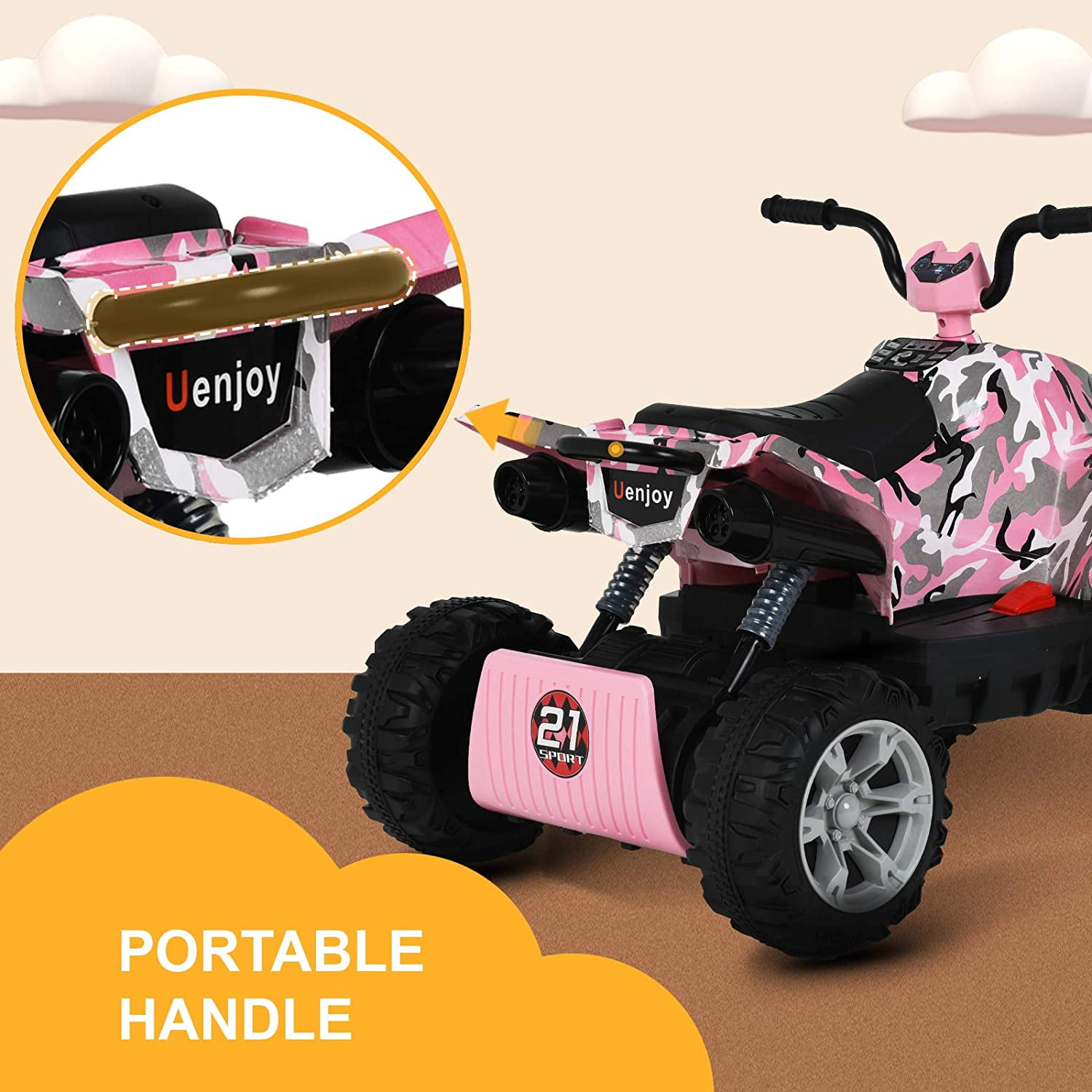 Music Uenjoy 24V Kids ATV 4 Wheeler Ride On Quad Battery Powered Electric ATV for Girls 2 Speeds LED Lights 4-Wheel Suspension Camouflage Pink 