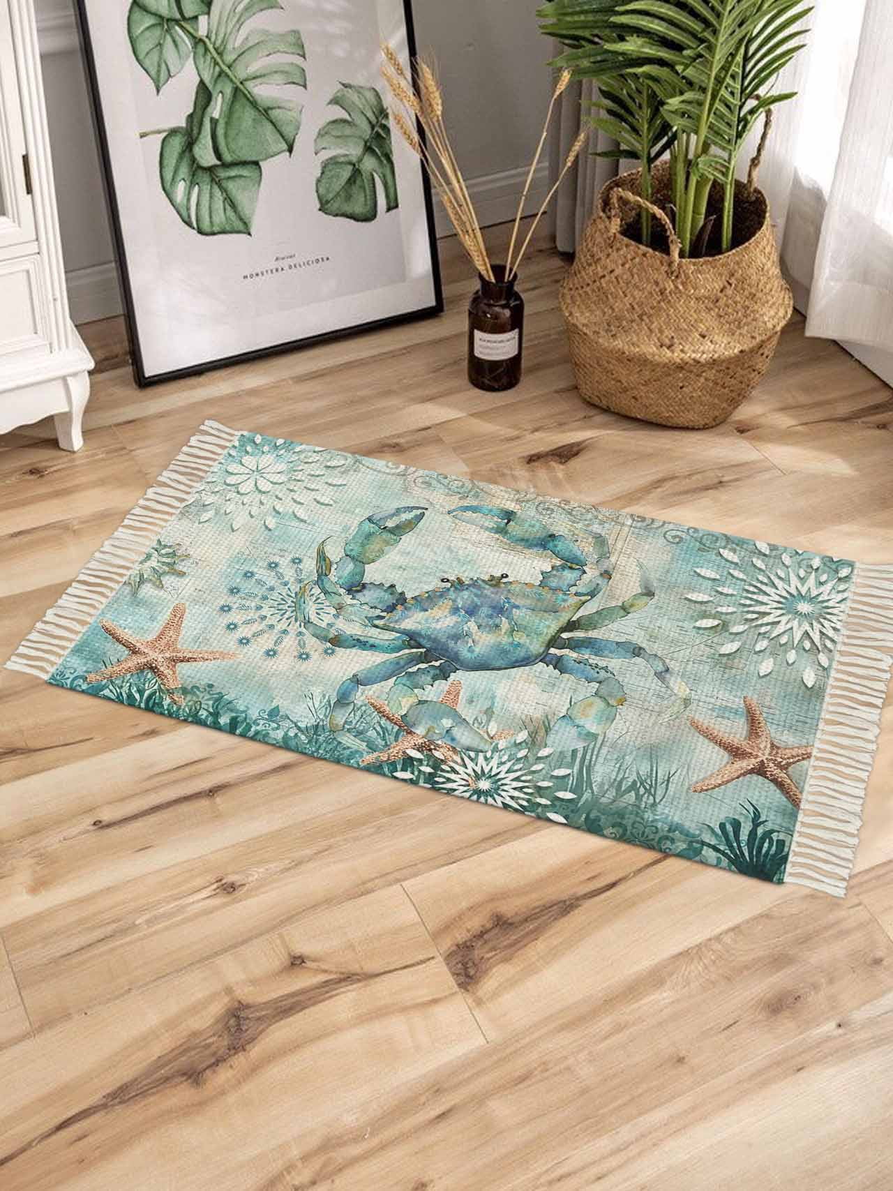 Coastal Crab Bath Rug 2x3ft Woven Bathroom Entryway Runner Rug,Teal Nautical Beach Starfish Vintage Washable Living Room Hallway Bedroom Kitchen Carpet with Tassels,Indoor Outdoor Throw Doormat