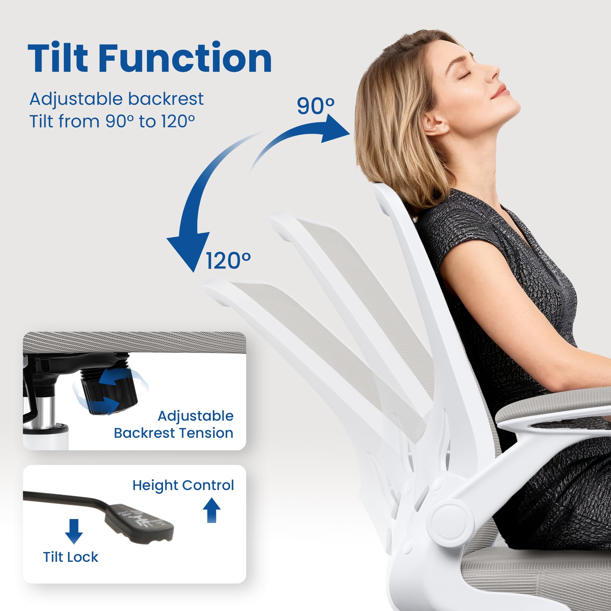 COOLHUT Office Chair, Ergonomic Office Chair, Comfort Home Office Task Chair, Lumbar Support Computer Chair with Flip-up Arms and Adjustable Height, 350LBS, Light Gray