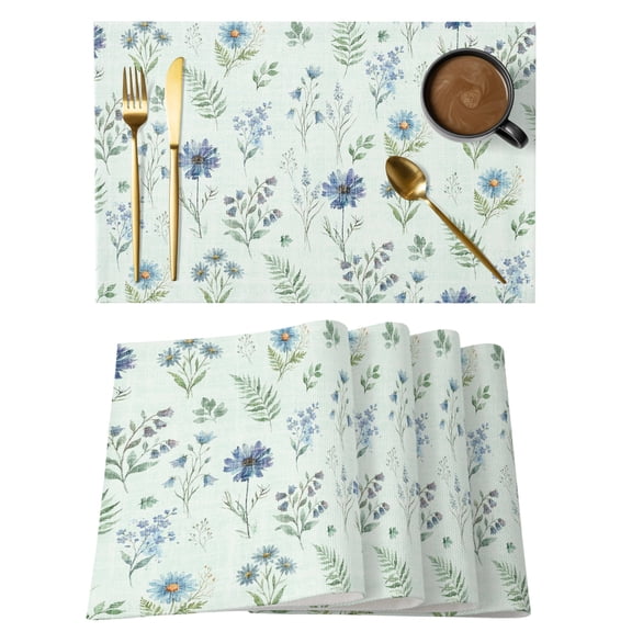 Blue Floral Spring Placemats Set of 2 Sage Green Farmhouse Botanical Chic Place Mats Indoor Wipeable Table Mats Washable Cloth Dining Table Placemats for Kitchen Holiday Party Home Decor 13x19 Inch