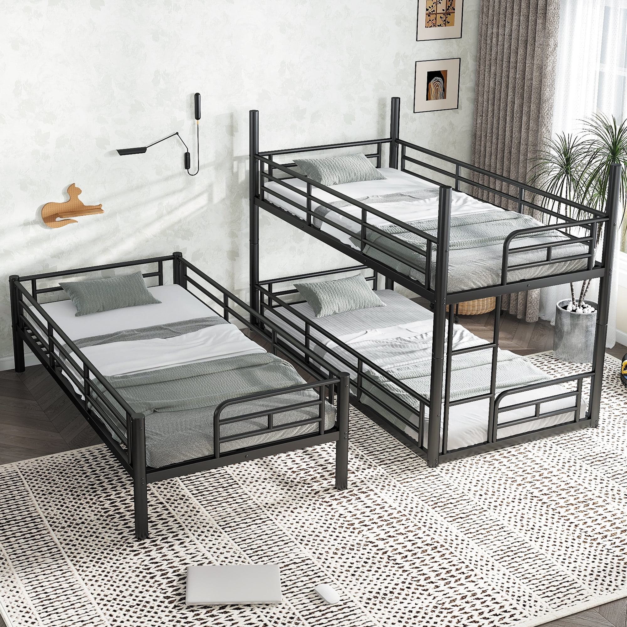 Leumius Twin over Twin over Twin Bunk Bed,Metal Triple Bunk Bed for 3 Kids/Teens,Heavy Duty Triple Bed with Guardrail and Ladder,Separates Into 3 Twin Beds,Black