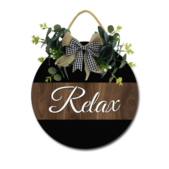 Relax Front Door Sign Funny Wreaths Hanging Wooden Plaque Decoration Round Rustic Wood Farmhouse Porch Decor for Home Front Door Decor, 12 x 12 Inch