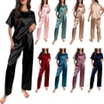 thumbnail image 2 of Women Satins Pajamas Silk Sleeveless Pj Set Soft Short Sleeve Shirt Tops and High Waist Long Pants Casual PJ Loungewear, 2 of 17