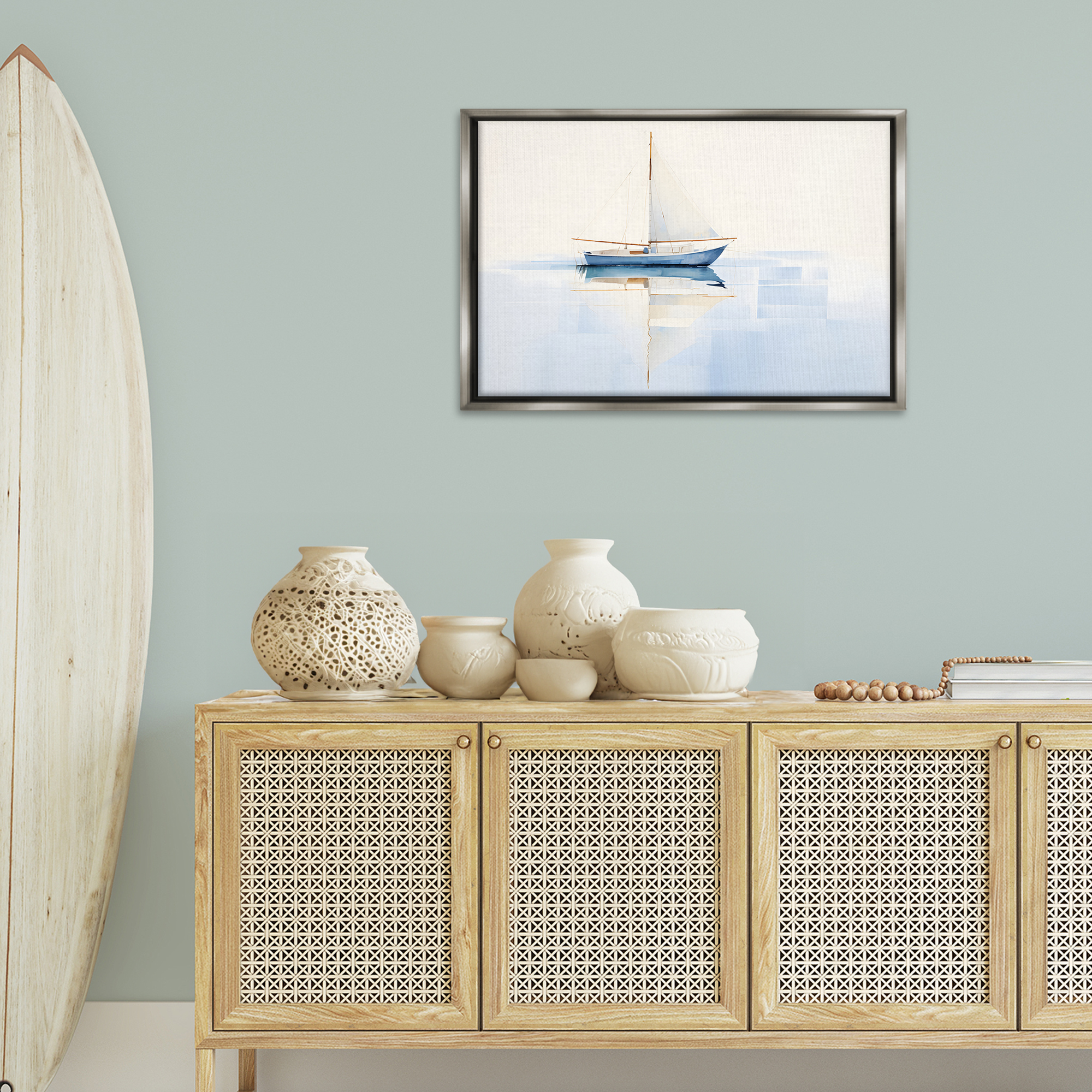 Stupell Industries Reflective Sails View Nautical & Beach Painting Gray Floater Framed Canvas Art Print Wall Art, 31 x 21
