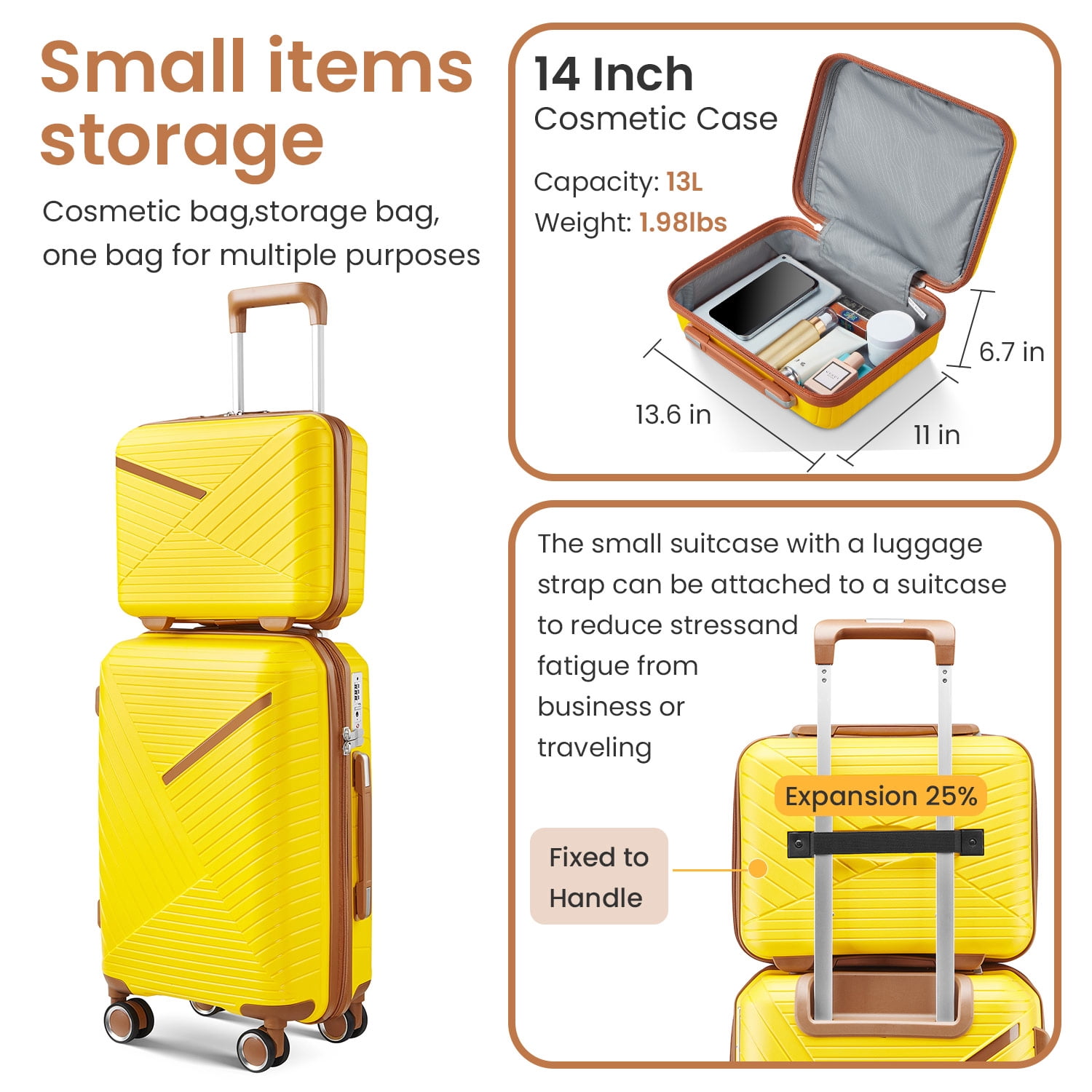 4 Piece Luggage Set, Expandable Lightweight Suitcase Set with 360° Double Spinner Wheels Integrated TSA Lock, Yellow (14/20/24/28)