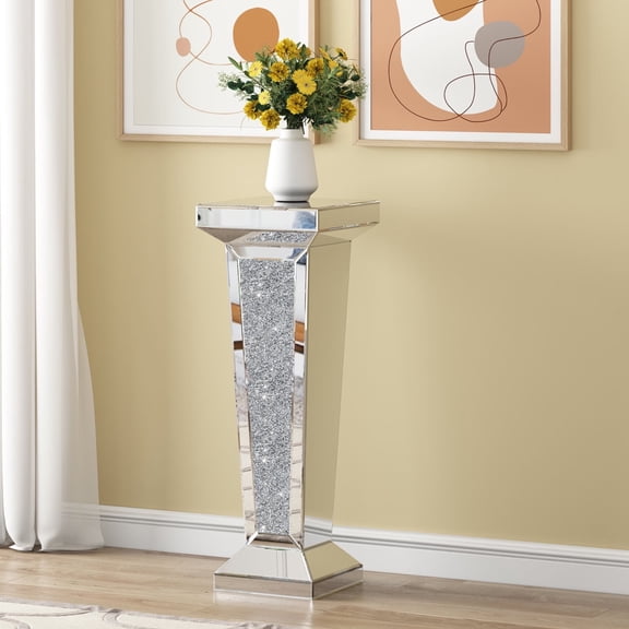 SHYFOY Glam Mirrored Pedestal Table with Crushed Diamond Accents – Modern Luxury Display Stand