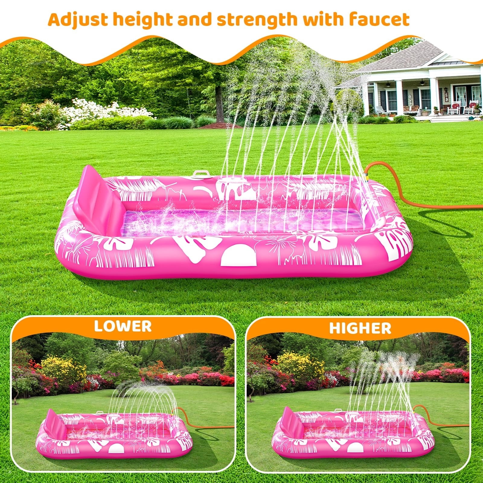 Inflatable Tanning Pool Lounger Float with Sprinkler, 77" x 48" Pool Floats Adult with Pillow, 6 in 1 Suntan Tub Raft Floatie with Drink Holder Sunbathing Water Lounge