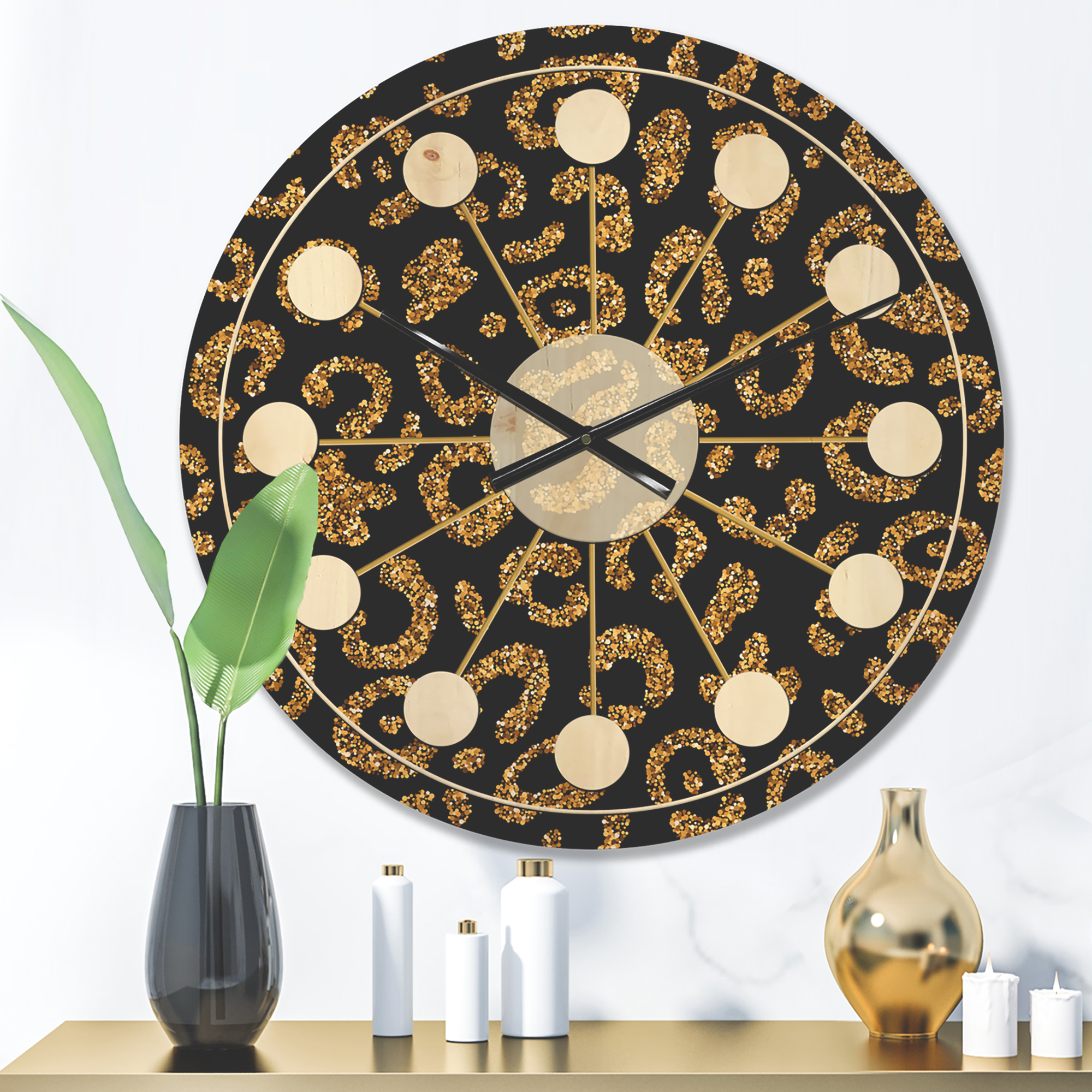 Designart 'Golden Leopard Fur Shapes' Mid-Century Modern Wood Wall Clock