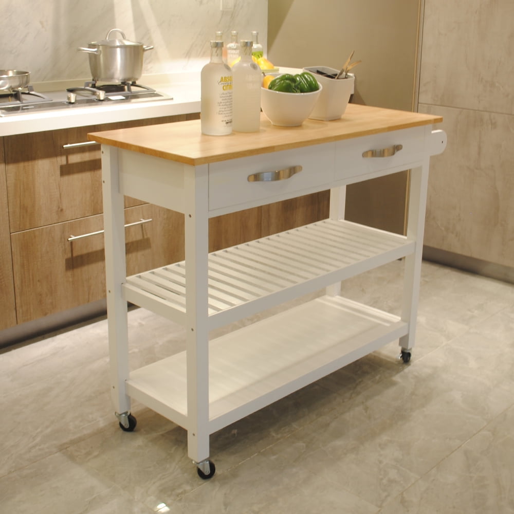 Highsound Wooden Kitchen Island Cart with Lockable Wheels, 3 Tier Utility Kitchen Storage Carts Table with 2 Drawers
