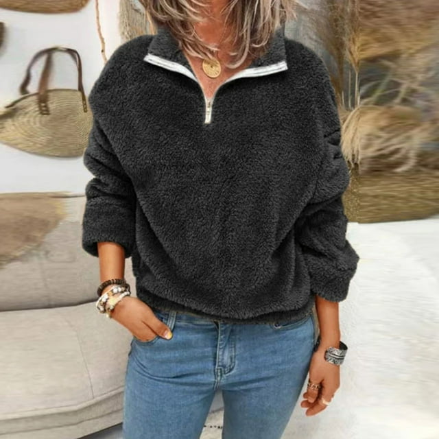 Womens Winter Solid Color Semi-Open Collar Zipper Pullover Plush Loose Casual Hoodie