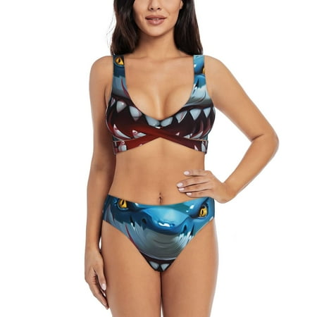Zeuib Cartoon Cute Shark High Waisted Tummy Control Bikini Set - Knot Front Push Up Top & Cheeky Thong Bottom  Two-Piece Swimsuit for Women-Large