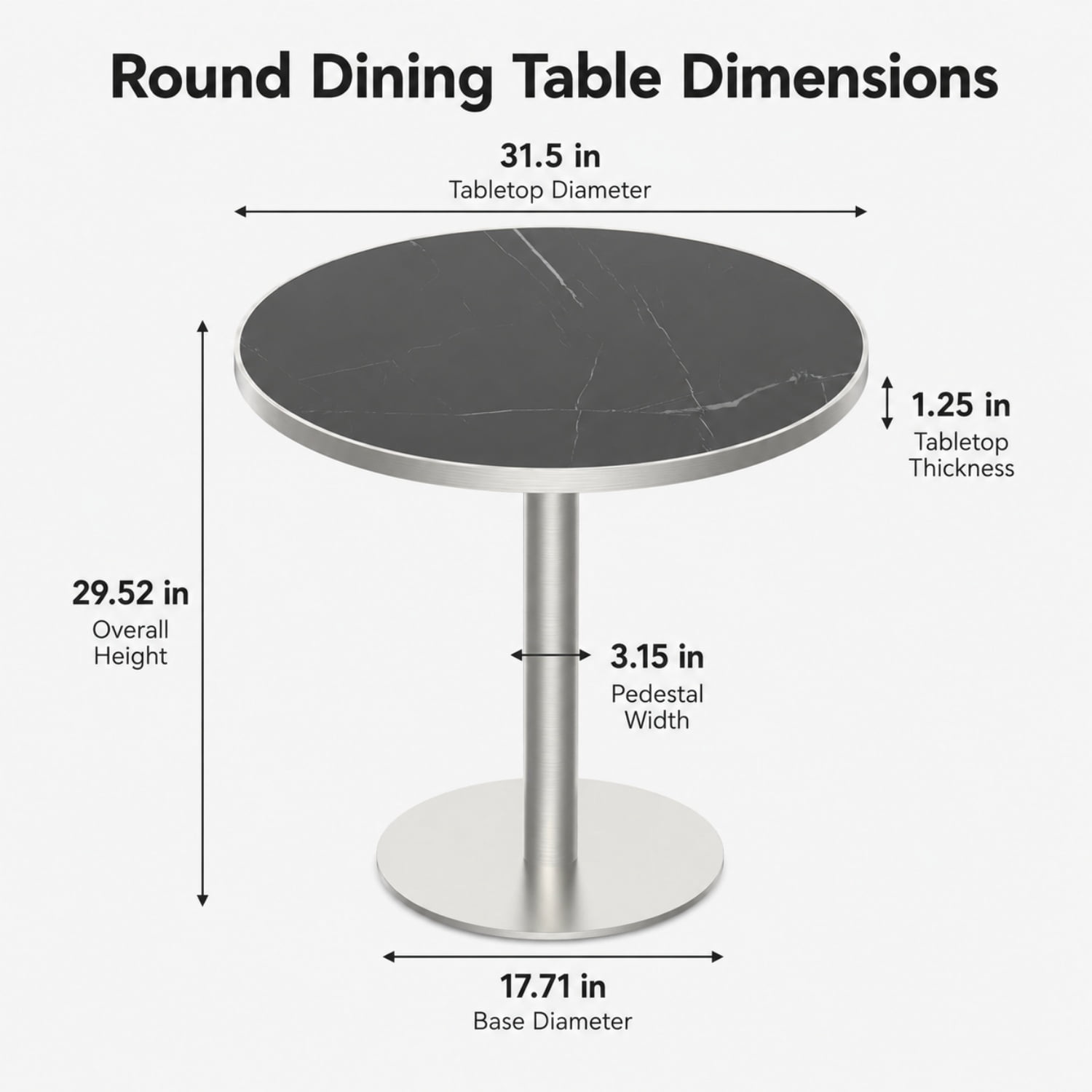 Miniyam 31.5 in. Round Tulip Dining Table for 2-4, Glossy Stone-Look Pedestal Table for Kitchen or Small Spaces, Black&Silver