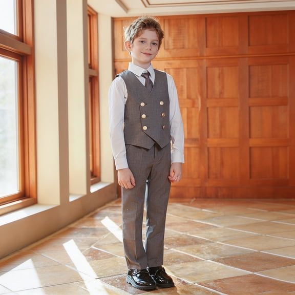 HCYSFG Boys School Uniform Outfit Set 4 Piece Short Sleeve Shirt Tie Vest And Shorts Matching Set Back To School Student Clothing Set