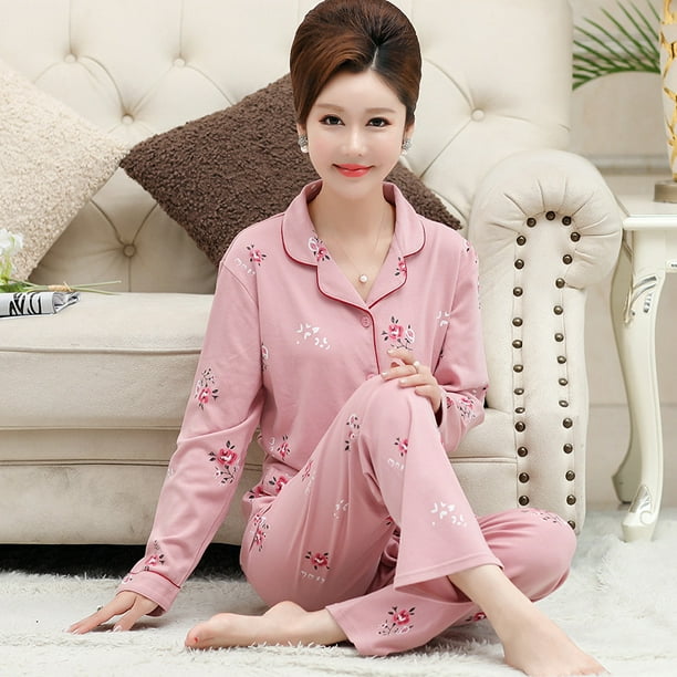 Voianlimo Beautiful Mother Pajamas Floral Long Sleeved Ladies Middle Aged And Elderly Homewear Suit Autumn Other